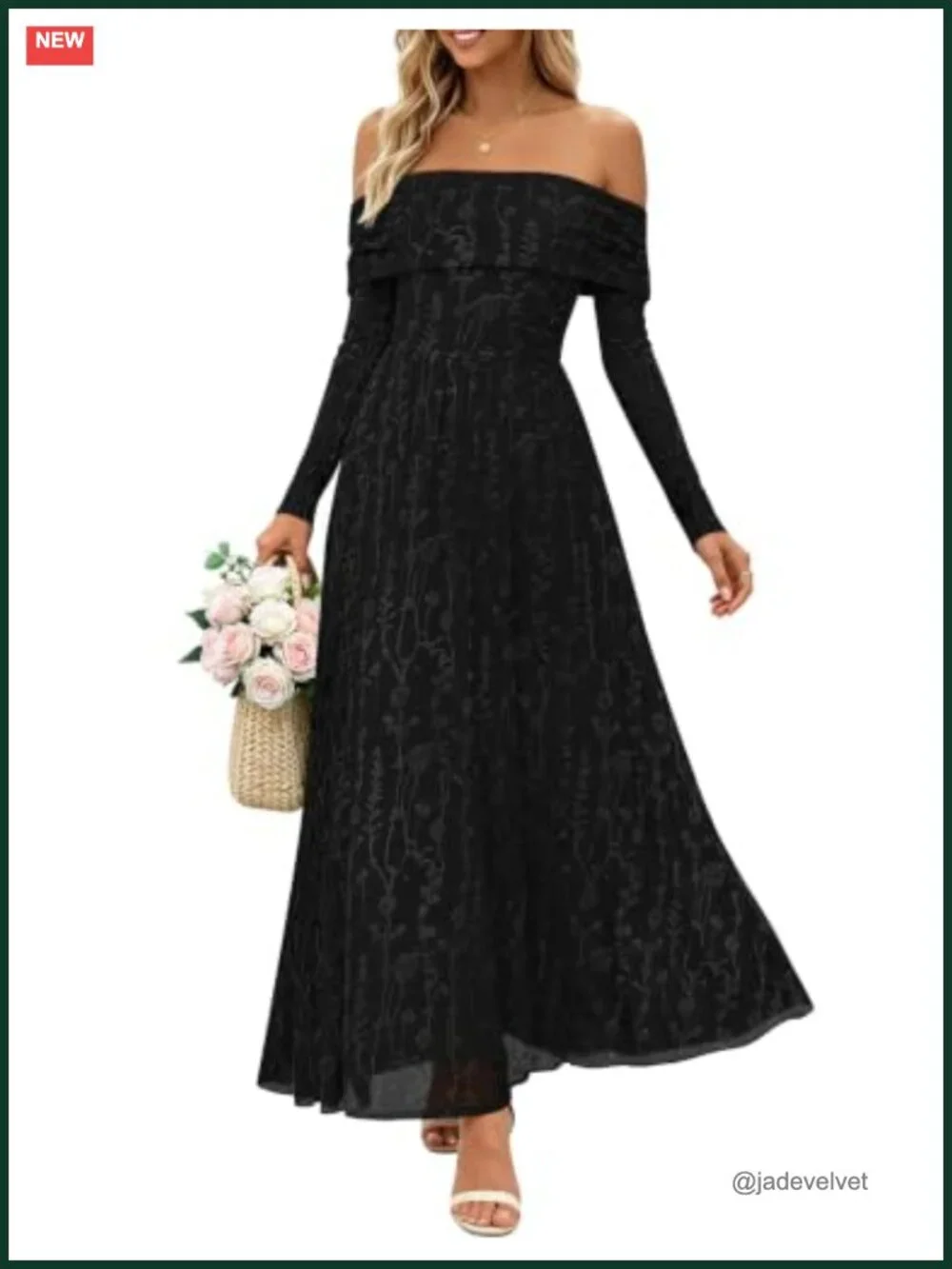 ZESICA Off Shoulder Maxi Dress Long Sleeve Floral Mesh Formal